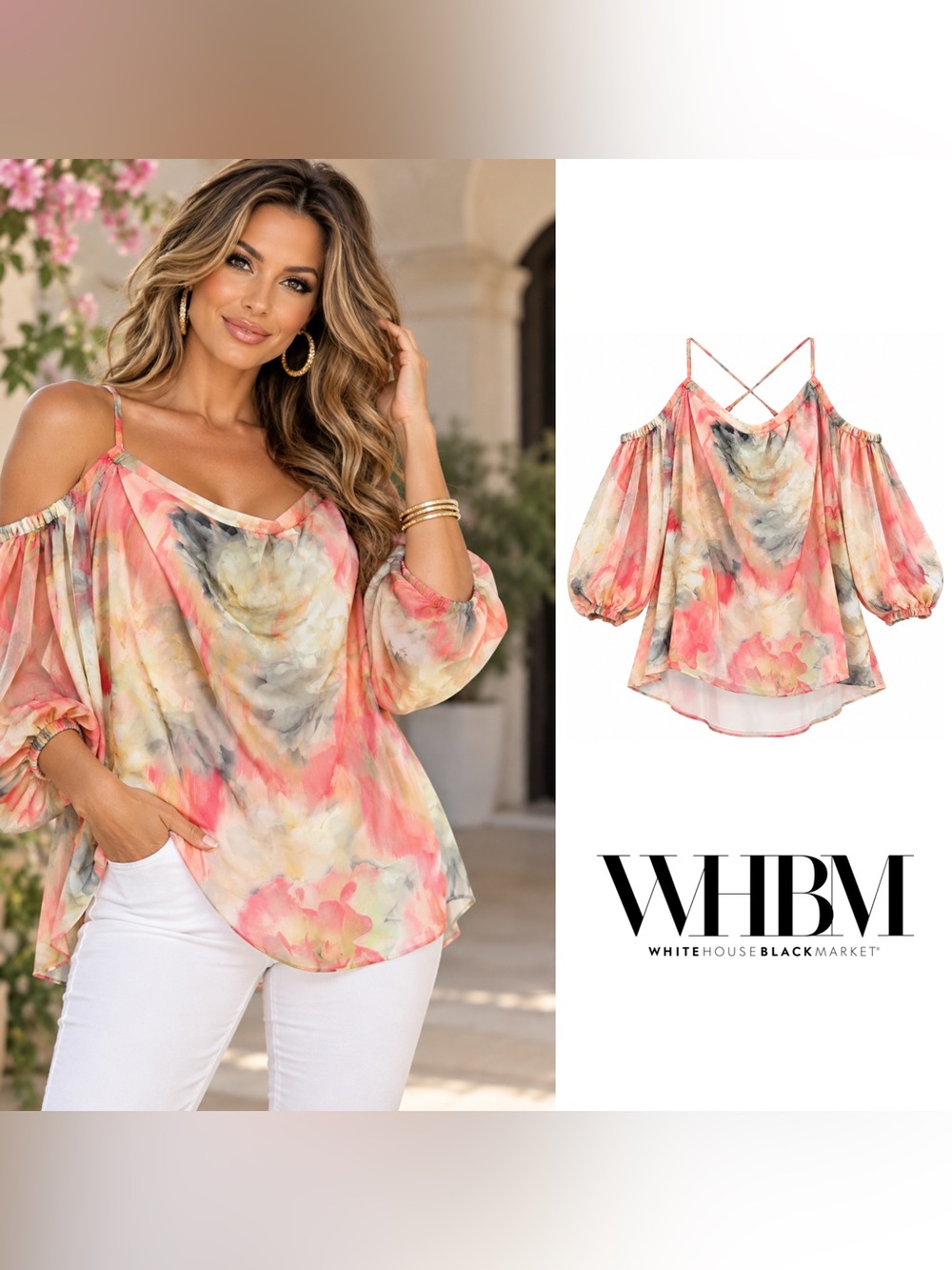 NEW White House Black Market Coral and Cream Watercolor Cold-Shoulder Blouse